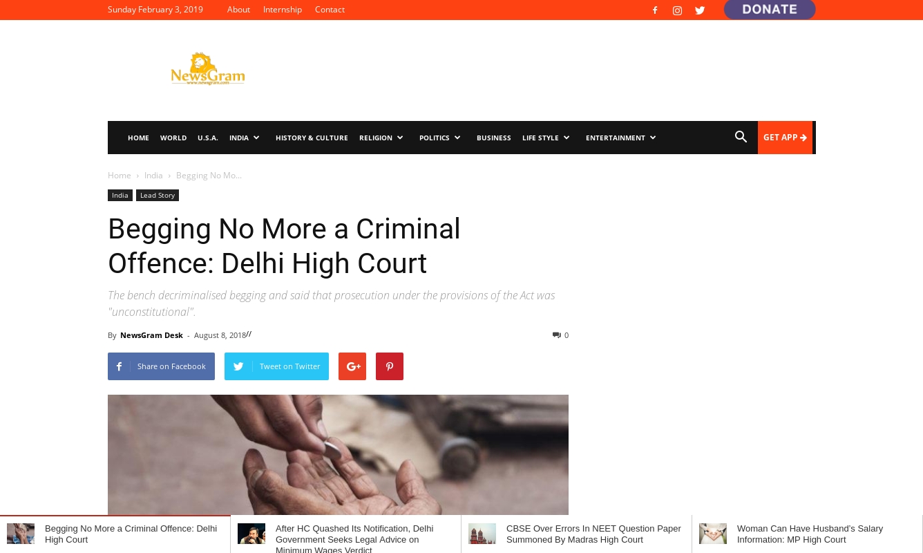 Begging No More a Criminal Offence: Delhi High Court( 8 August 2018, News Gram Desk)