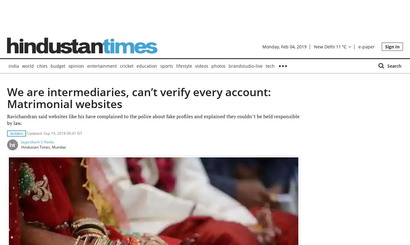 We are intermediaries, can’t verify every account: Matrimonial websites (19 September 2018, Hindustan times)