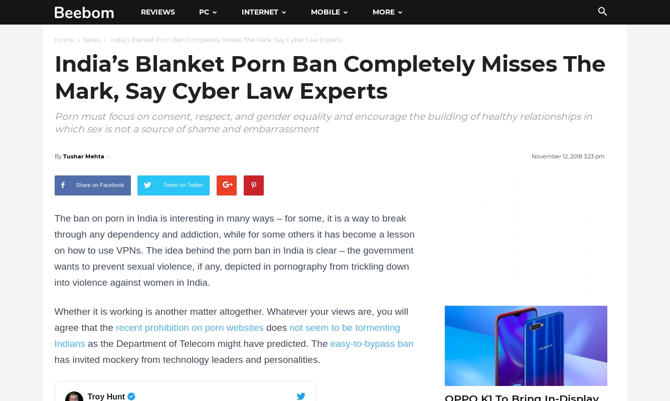 India’s Blanket Porn Ban Completely Misses The Mark, Say Cyber Law Experts ( 12 November 2018, Beebom)