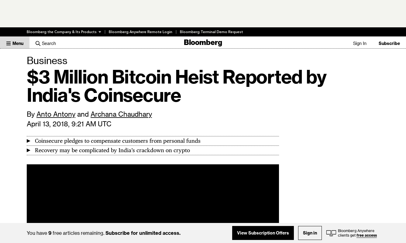 $3 Million Bitcoin Heist Reported by India’s Coinsecure ( 13 April 2018, Bloomberg )