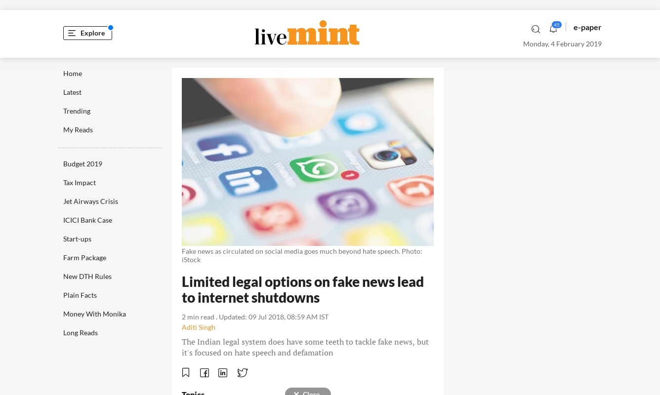 Limited legal options on fake news lead to internet shutdowns (9 July 2018, Livemint)